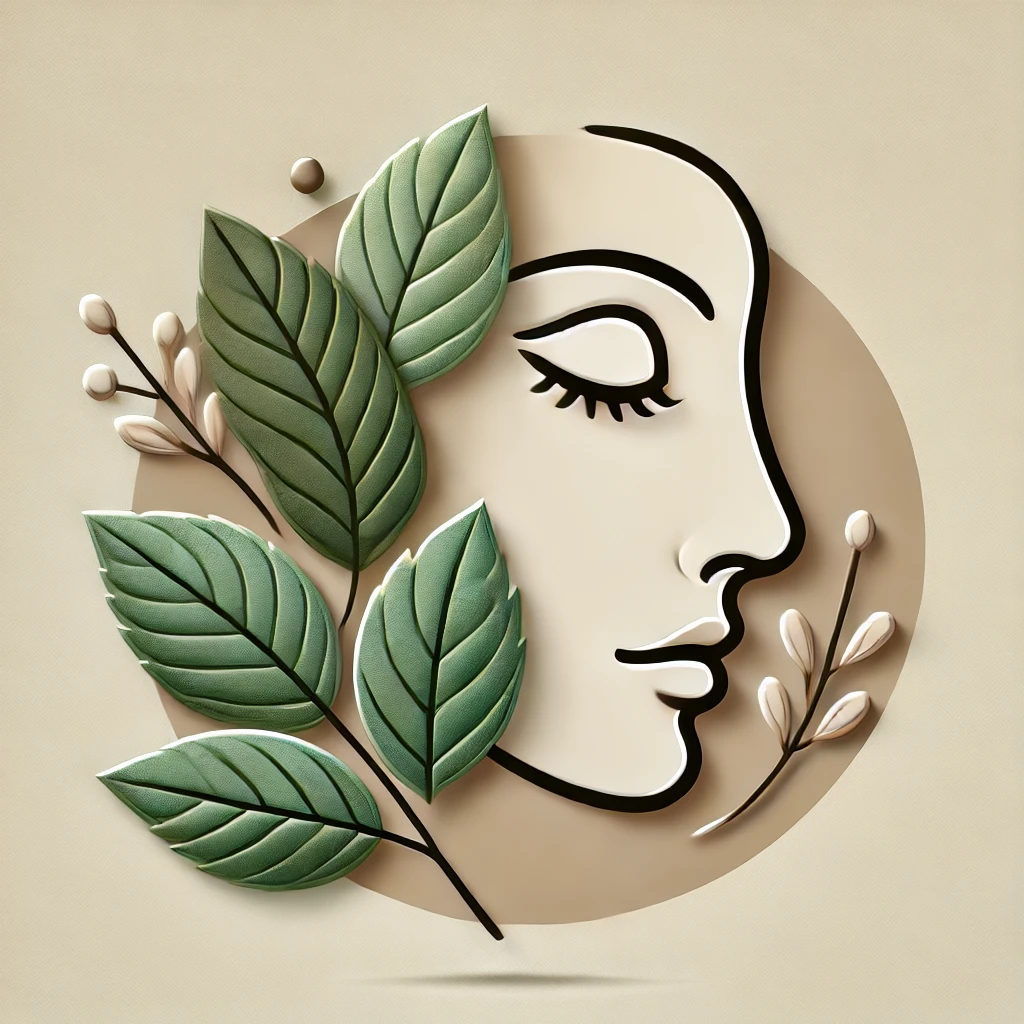 Elegant skincare icon with natural leaf and face design, symbolizing organic and holistic skincare for theskincareroutines.com