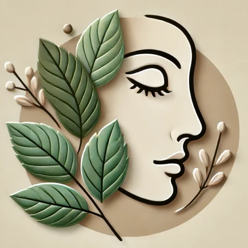 Elegant skincare icon with natural leaf and face design, symbolizing organic and holistic skincare for theskincareroutines.com